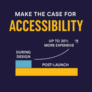 A digital graphic with a dark purple background and vibrant icons shows a website interface surrounded by inclusive symbols like a wheelchair, magnifying glass, keyboard, and high-contrast icon. Text reads: “Accessibility isn’t optional—it’s a business advantage.” Designed for promoting digital accessibility and inclusive design practices.